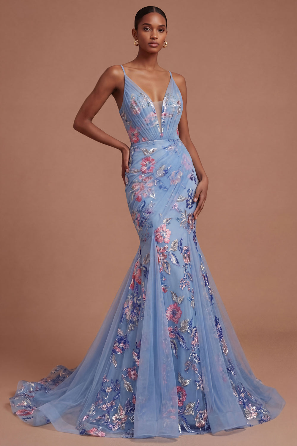 Leely Women Blue Floral Spaghetti Straps Ruched Long Prom Dress Backless Mermaid Appliqued Wedding Guest Dress