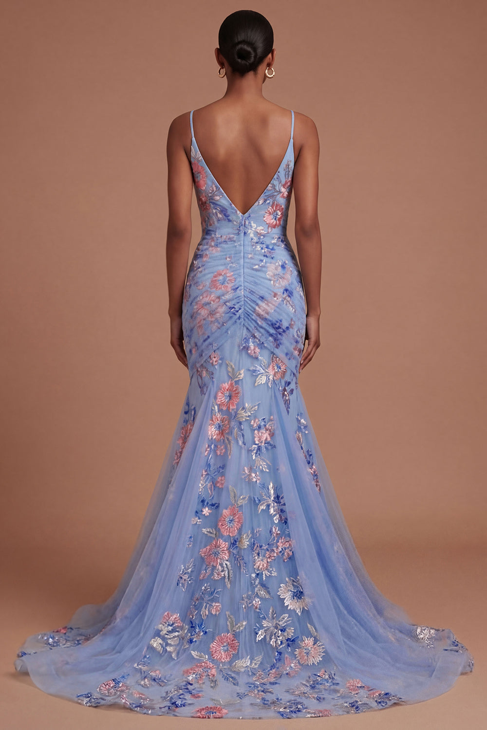 Blue Floral Spaghetti Straps Ruched Long Prom Dress