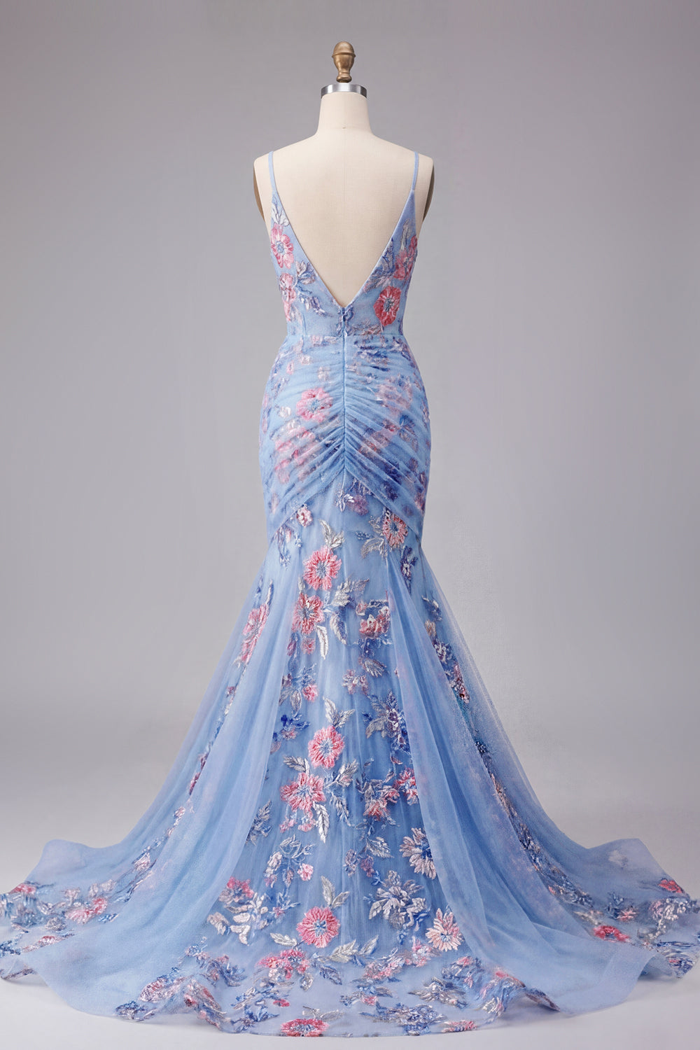 Blue Floral Spaghetti Straps Ruched Long Prom Dress