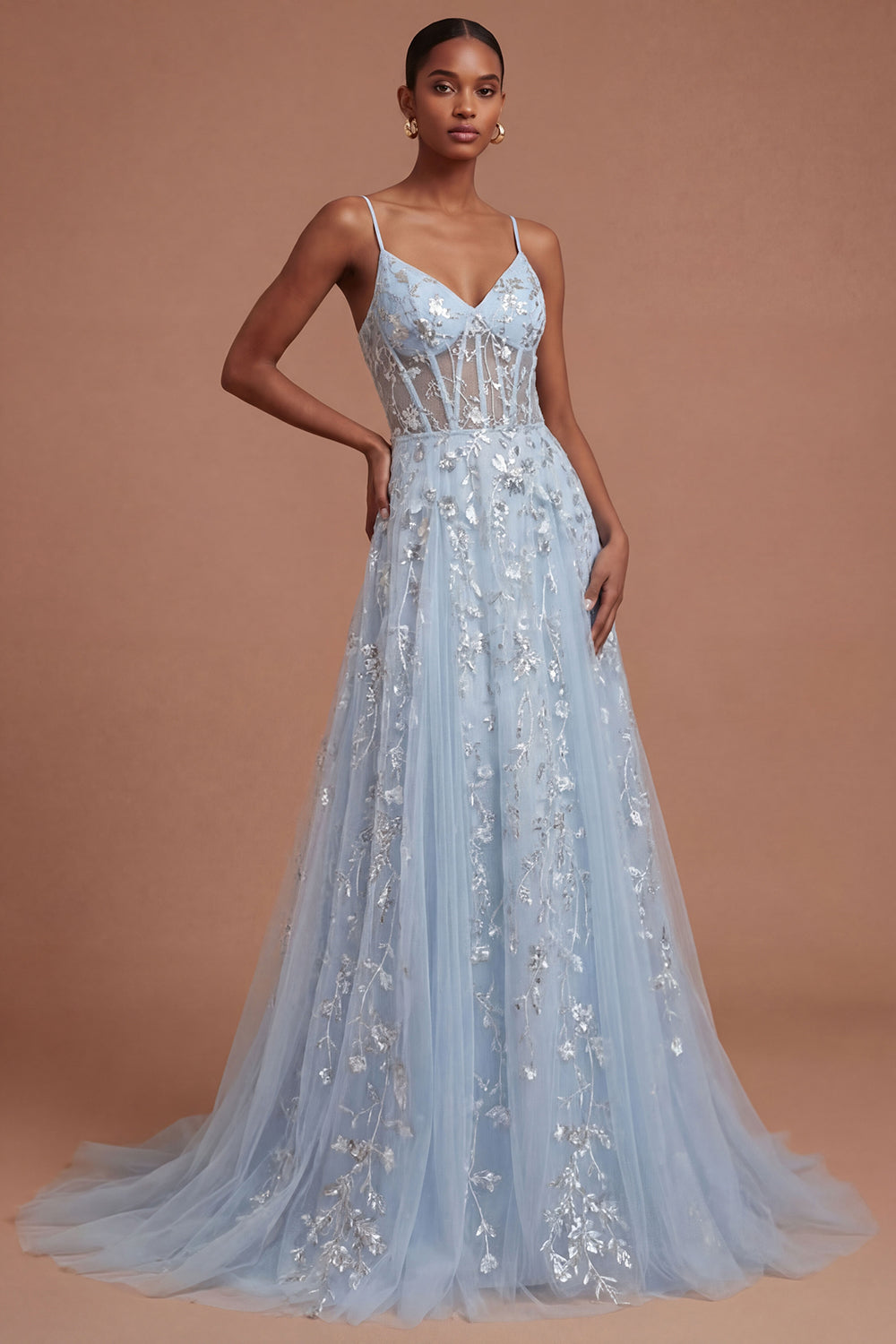 Leely Women Backless Blue Floral A Line Corset Long Prom Dress Sleeveless Spaghetti Straps Evening Dress