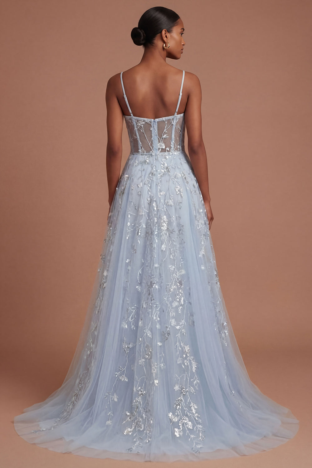 Backless Blue Floral A Line Corset Long Prom Dress