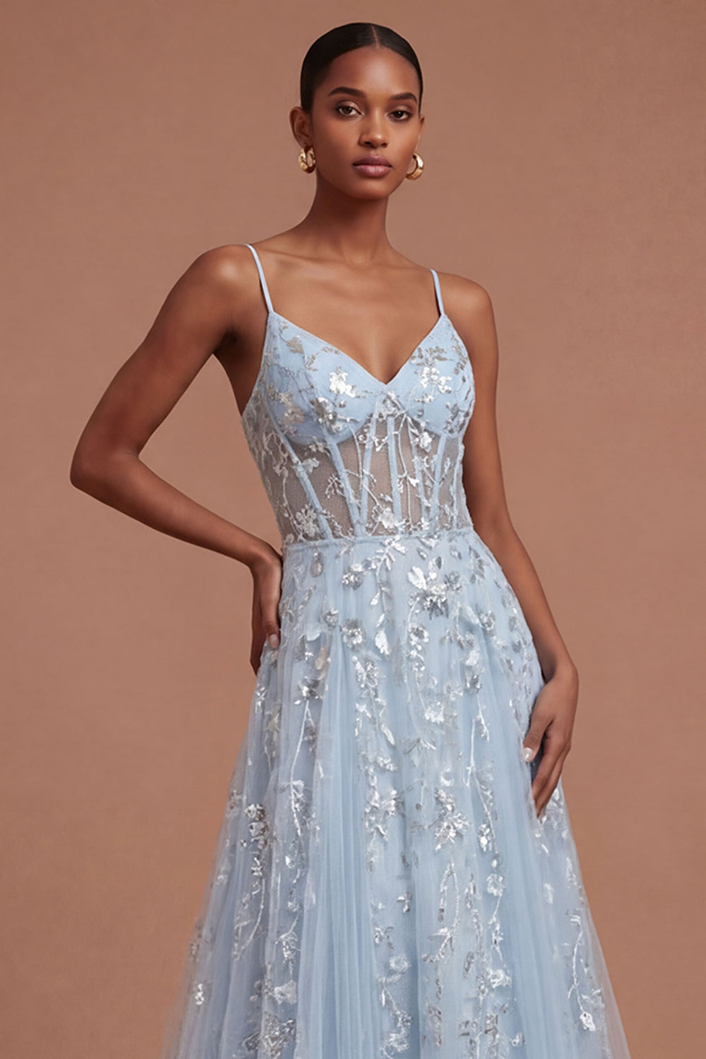 Backless Blue Floral A Line Corset Long Prom Dress