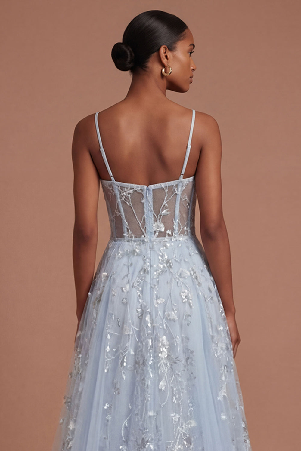 Backless Blue Floral A Line Corset Long Prom Dress
