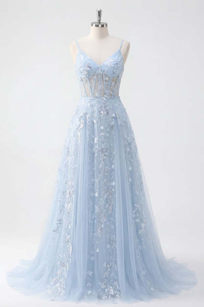 Backless Blue Floral A Line Corset Long Prom Dress