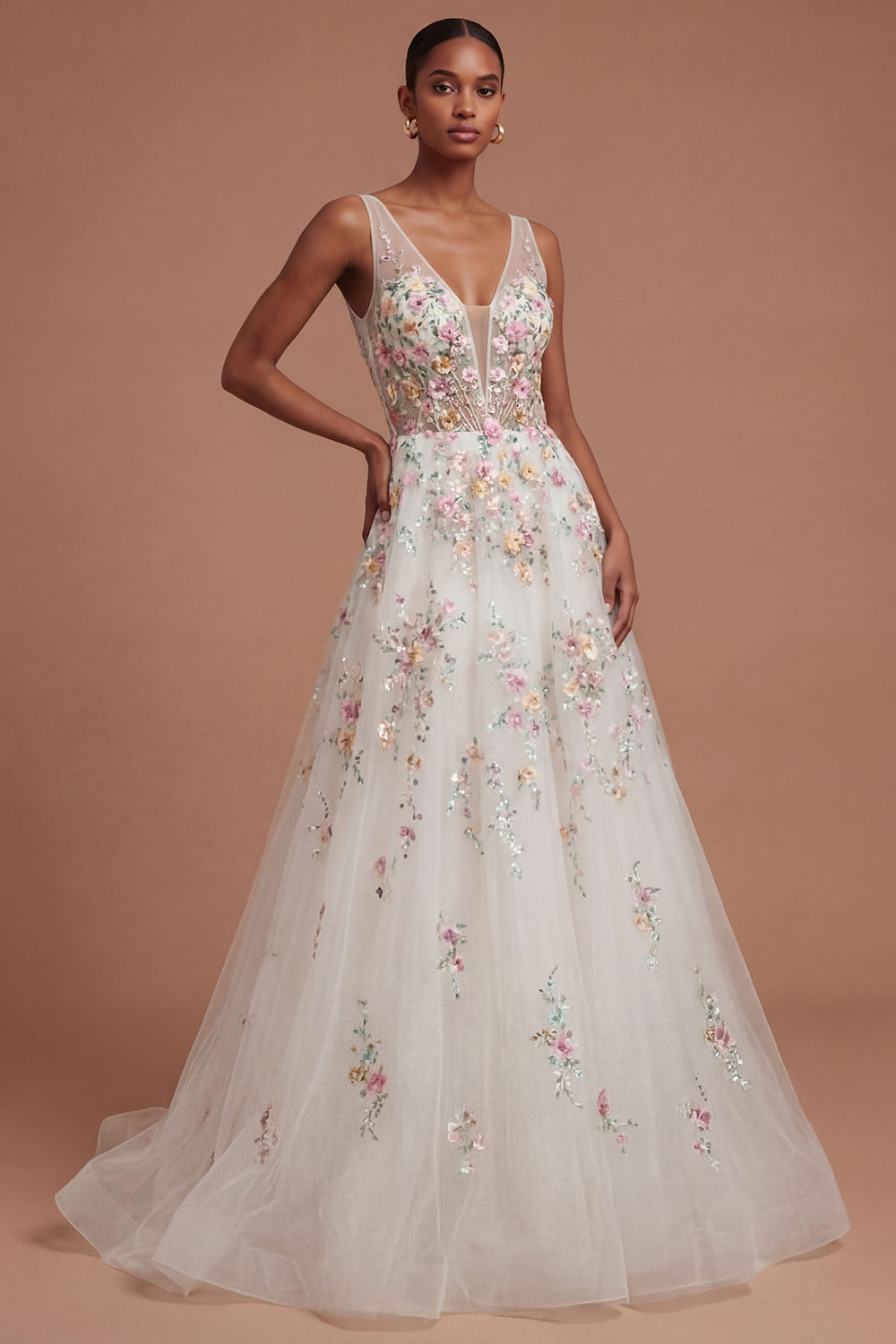 White Floral A Line V Neck Long Engagement Dress