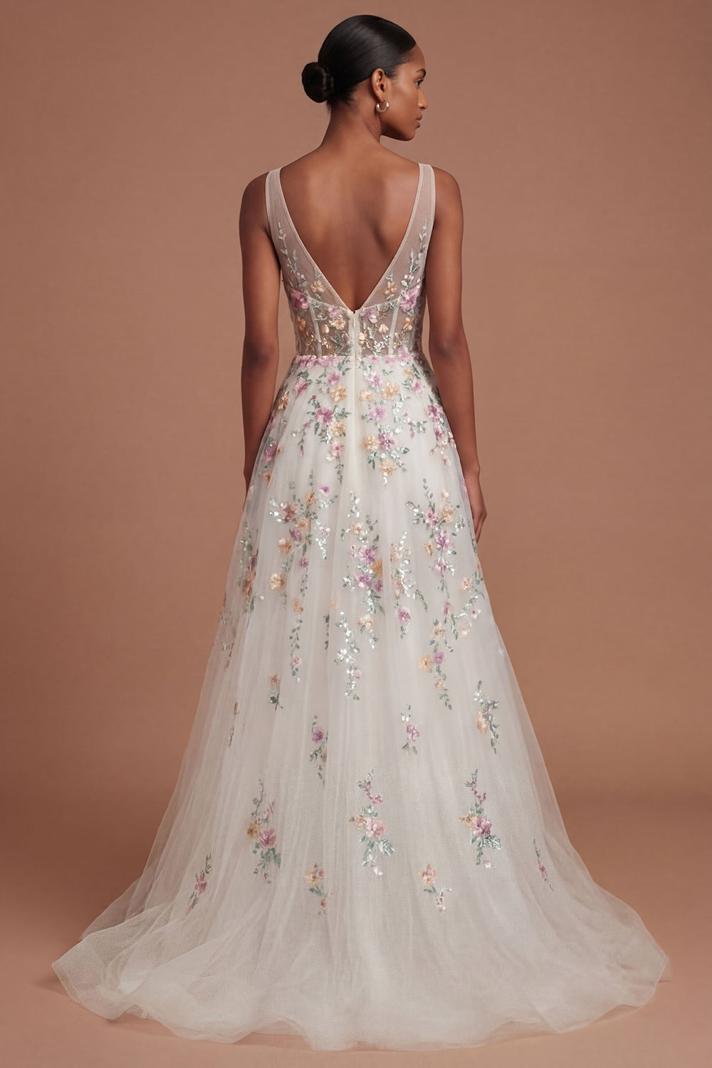 White Floral A Line V Neck Long Engagement Dress