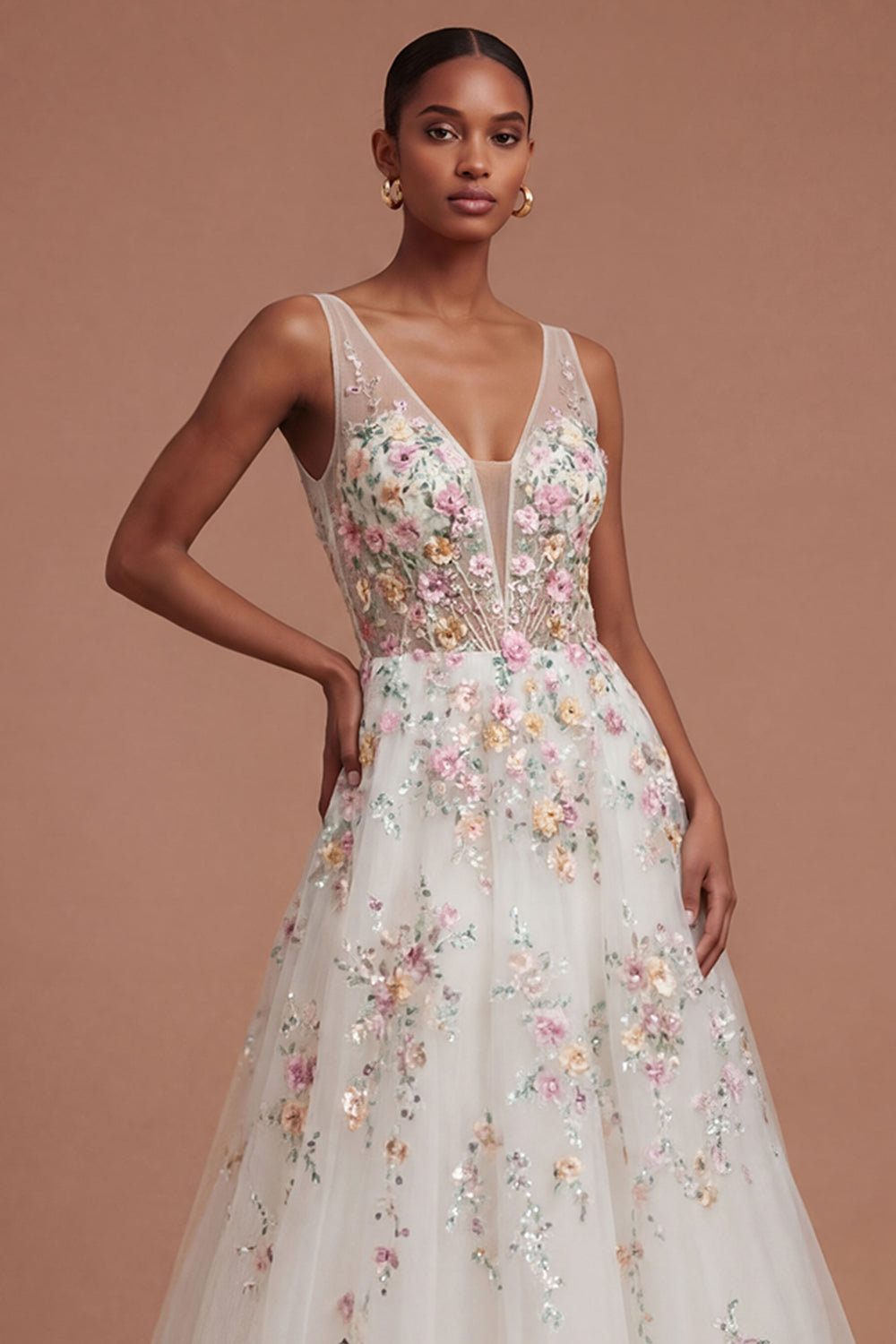 White Floral A Line V Neck Long Engagement Dress