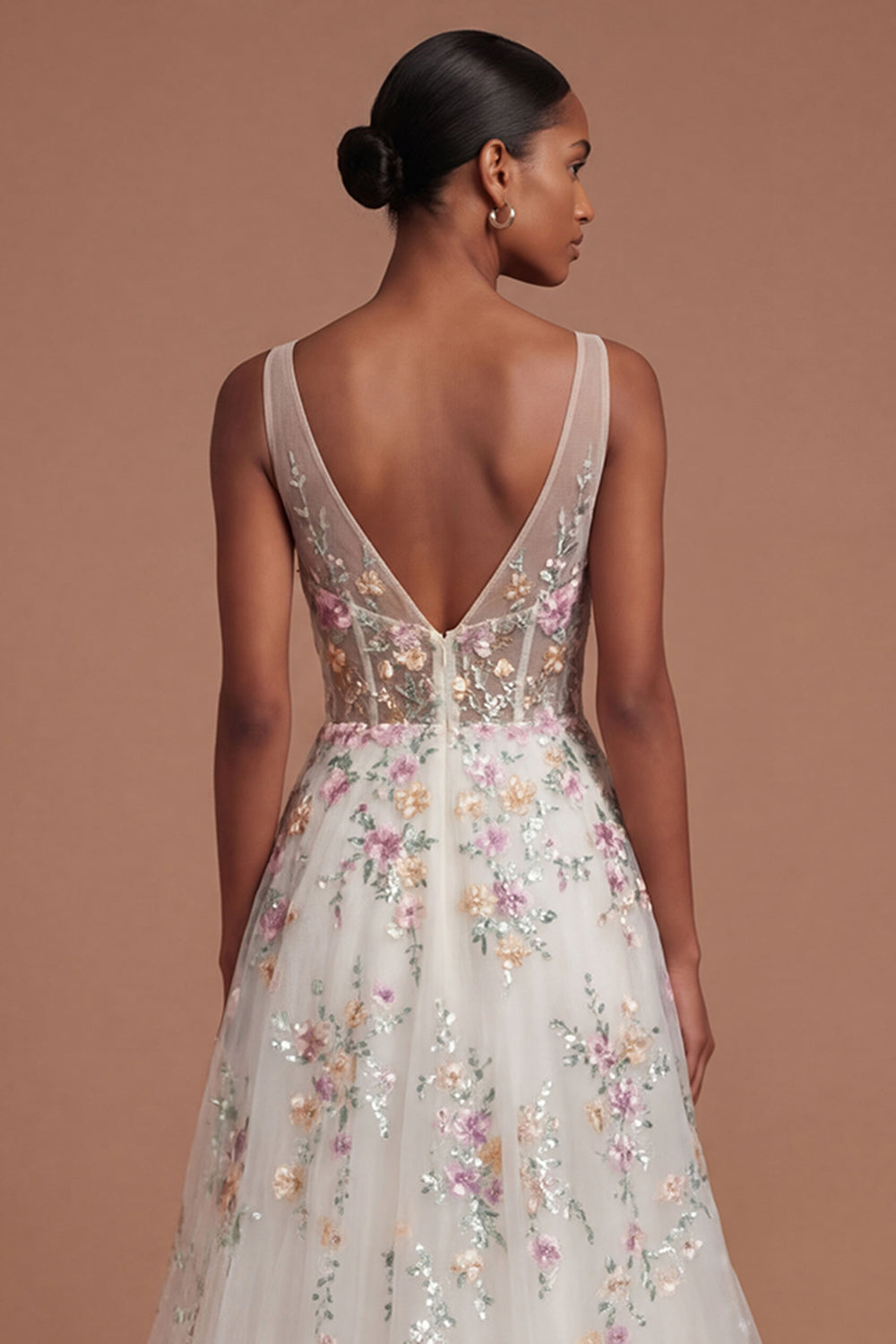 White Floral A Line V Neck Long Engagement Dress