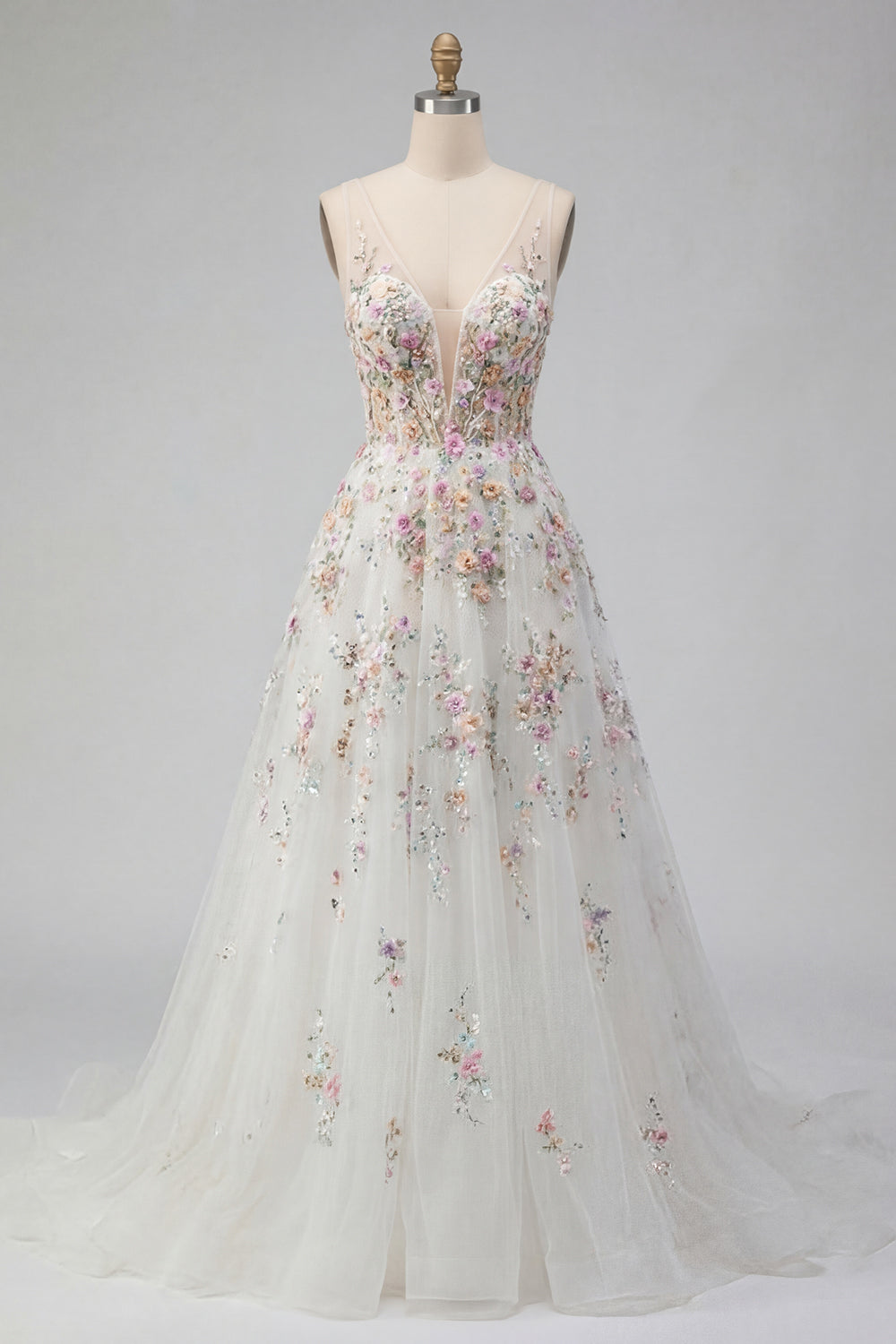 White Floral A Line V Neck Long Engagement Dress