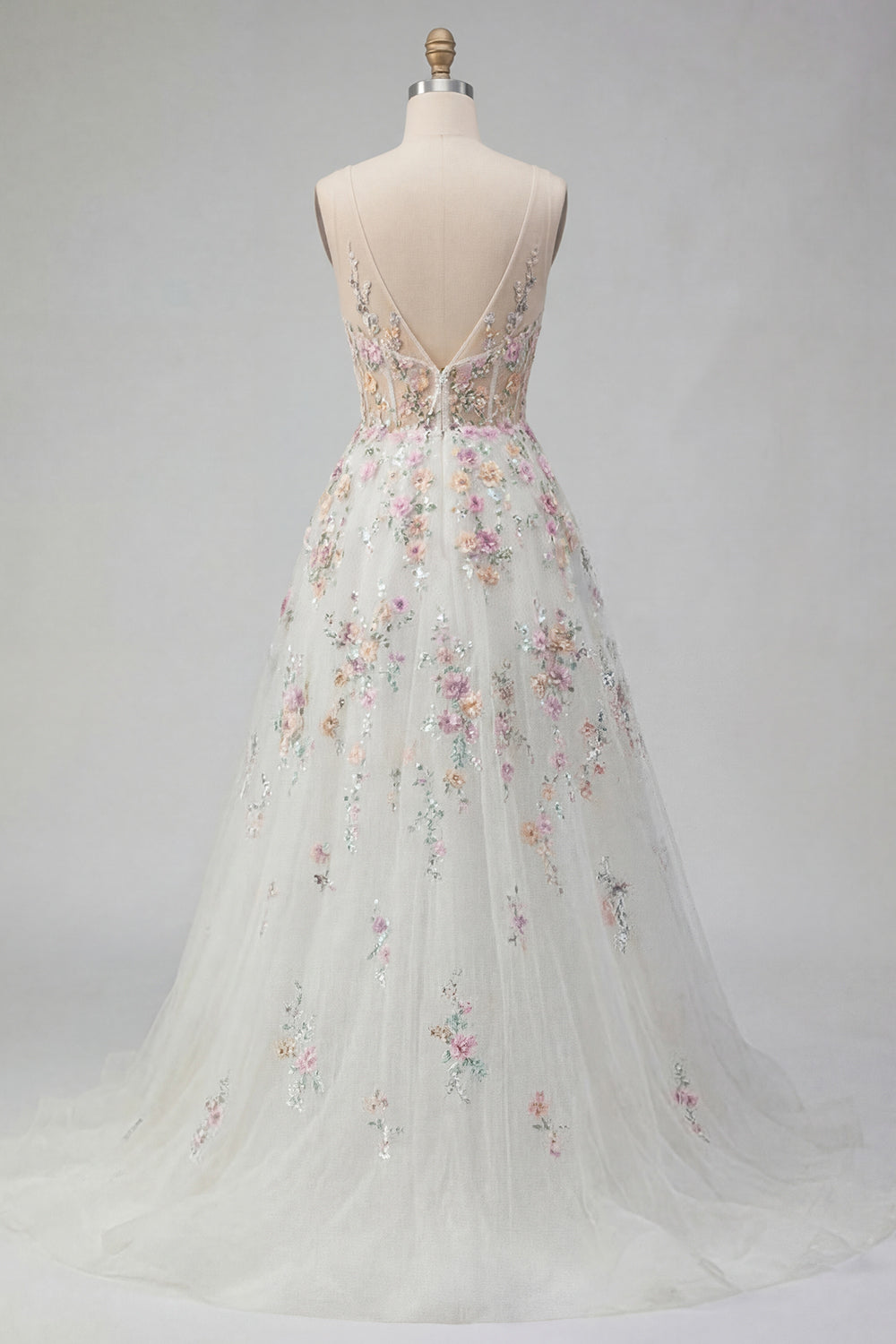 White Floral A Line V Neck Long Engagement Dress
