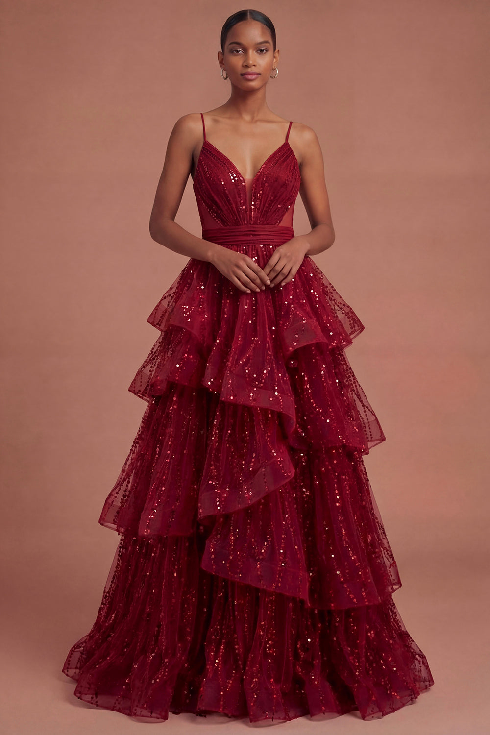 Burgundy Ruffled Spaghetti Straps Sparkly Long Prom Dress