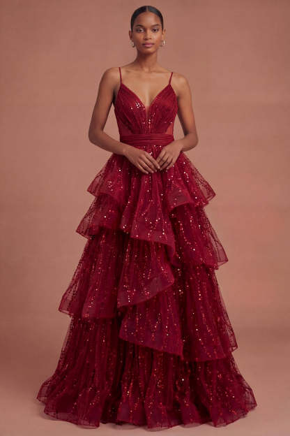 Leely Women Burgundy Ruffled Spaghetti Straps Sparkly Long Prom Dress Backless Sleeveless Evening Dress