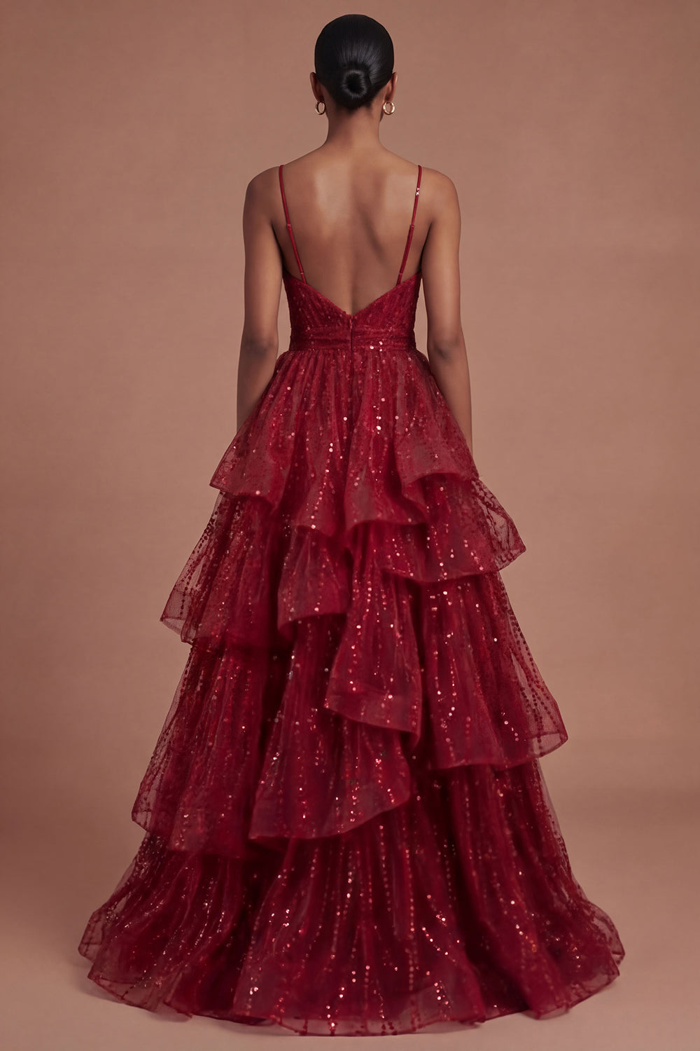 Burgundy Ruffled Spaghetti Straps Sparkly Long Prom Dress