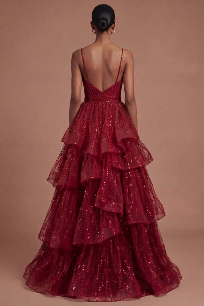 Burgundy Ruffled Spaghetti Straps Sparkly Long Prom Dress
