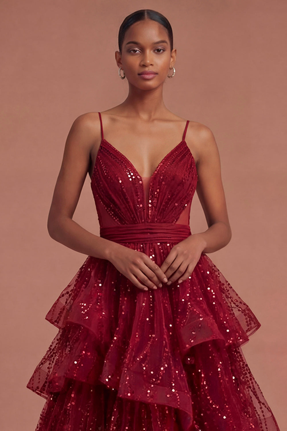 Burgundy Ruffled Spaghetti Straps Sparkly Long Prom Dress