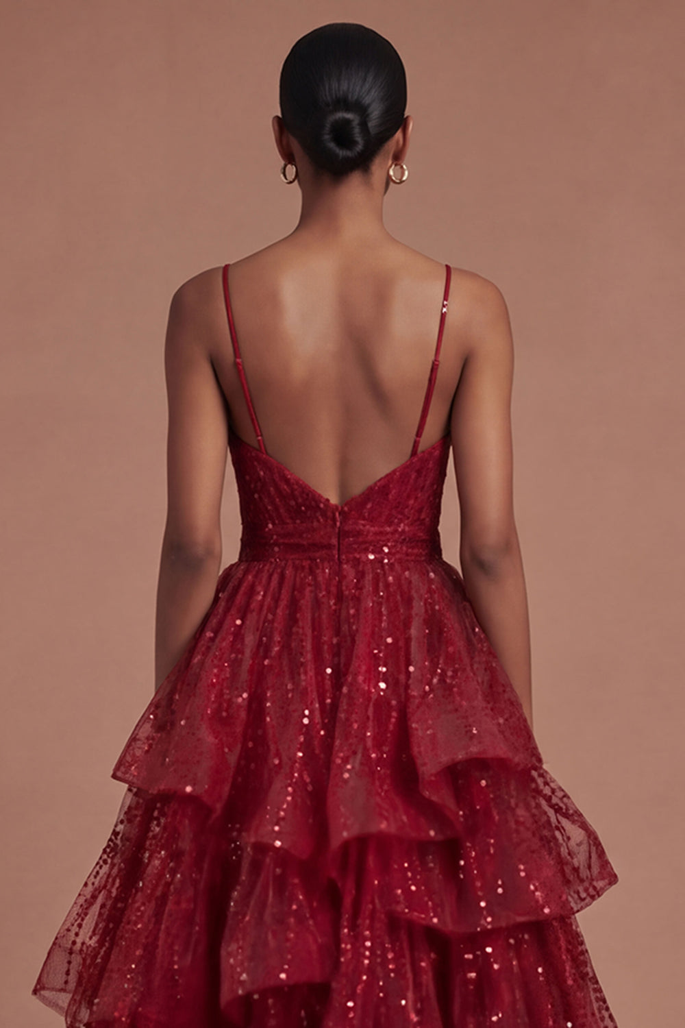 Burgundy Ruffled Spaghetti Straps Sparkly Long Prom Dress