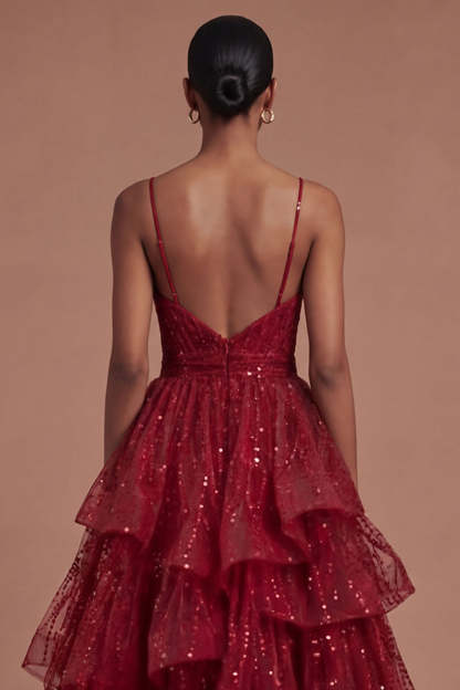 Burgundy Ruffled Spaghetti Straps Sparkly Long Prom Dress
