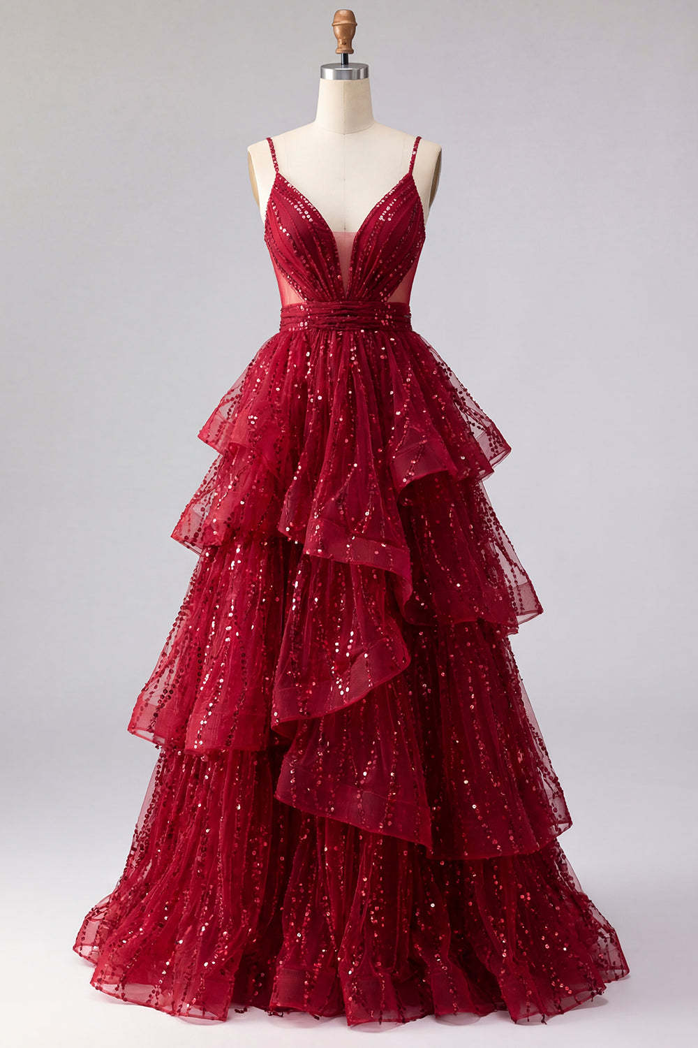 Burgundy Ruffled Spaghetti Straps Sparkly Long Prom Dress