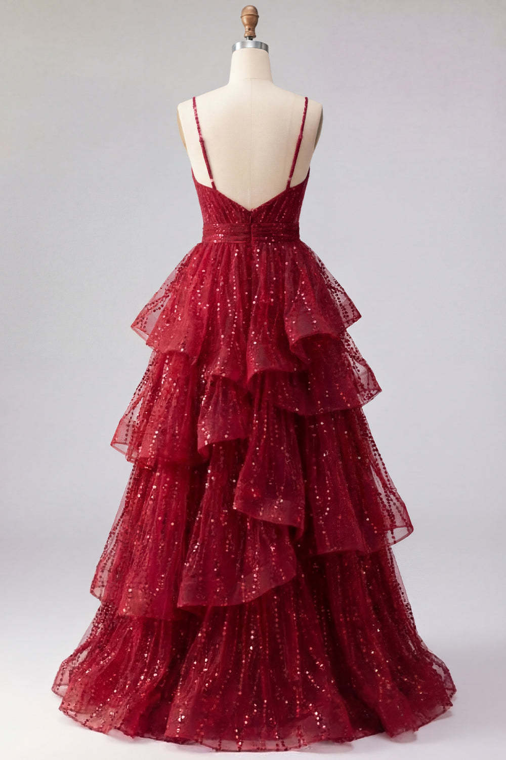 Burgundy Ruffled Spaghetti Straps Sparkly Long Prom Dress