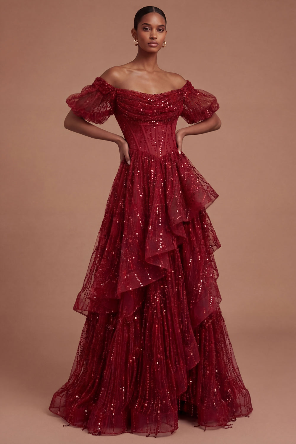 Burgundy Corset Off the Shoulder Sparkly Long Prom Dress