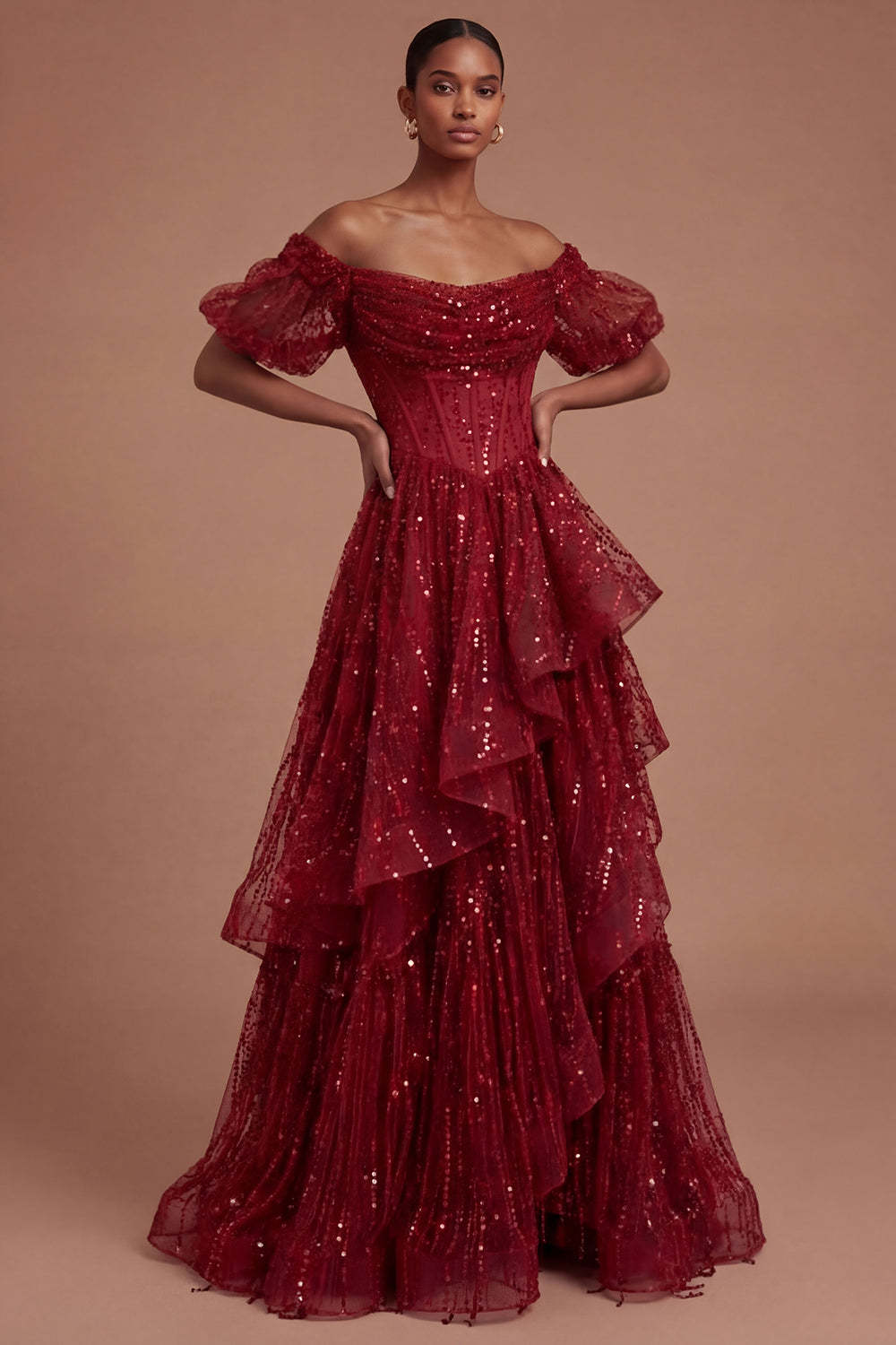 Leely Women Burgundy Corset Off the Shoulder Sparkly Long Prom Dress Backless Sleeveless Ruffled Evening Dress