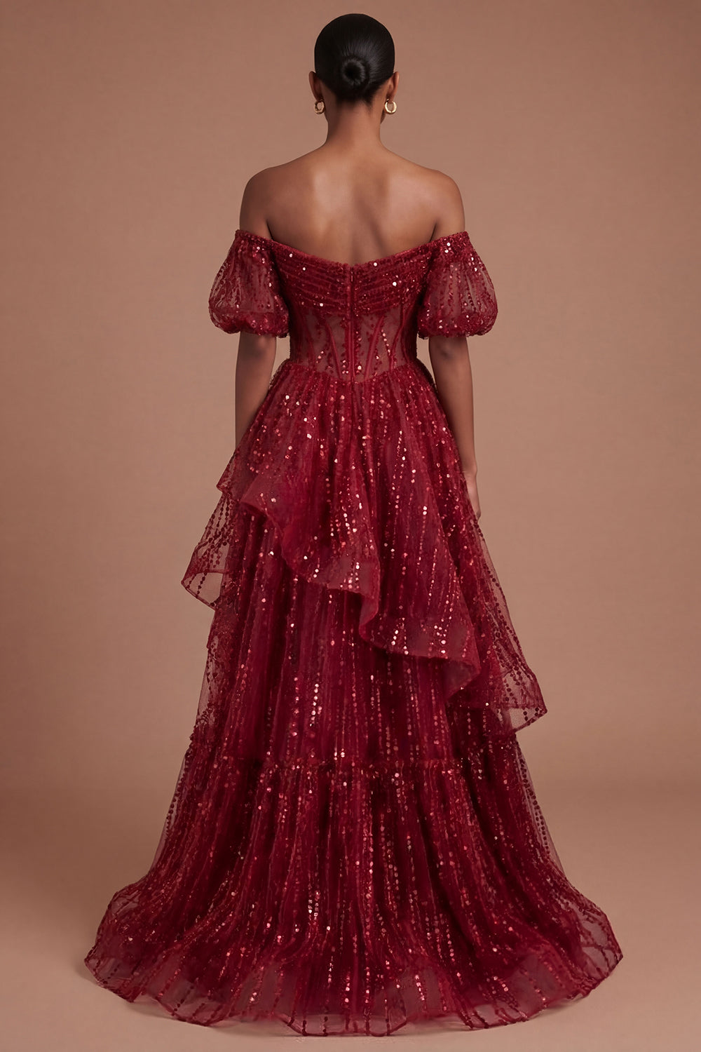 Burgundy Corset Off the Shoulder Sparkly Long Prom Dress