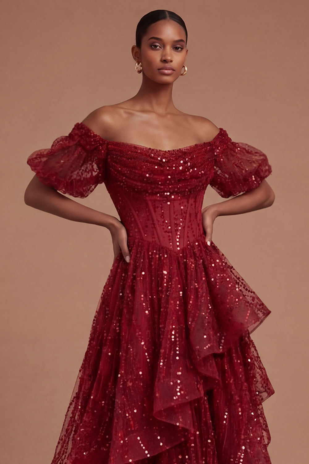Burgundy Corset Off the Shoulder Sparkly Long Prom Dress