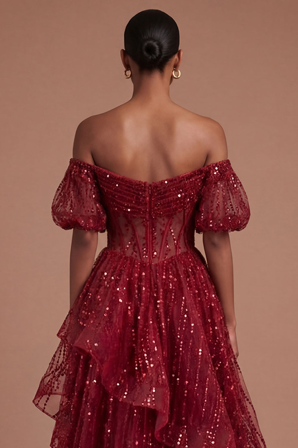 Burgundy Corset Off the Shoulder Sparkly Long Prom Dress