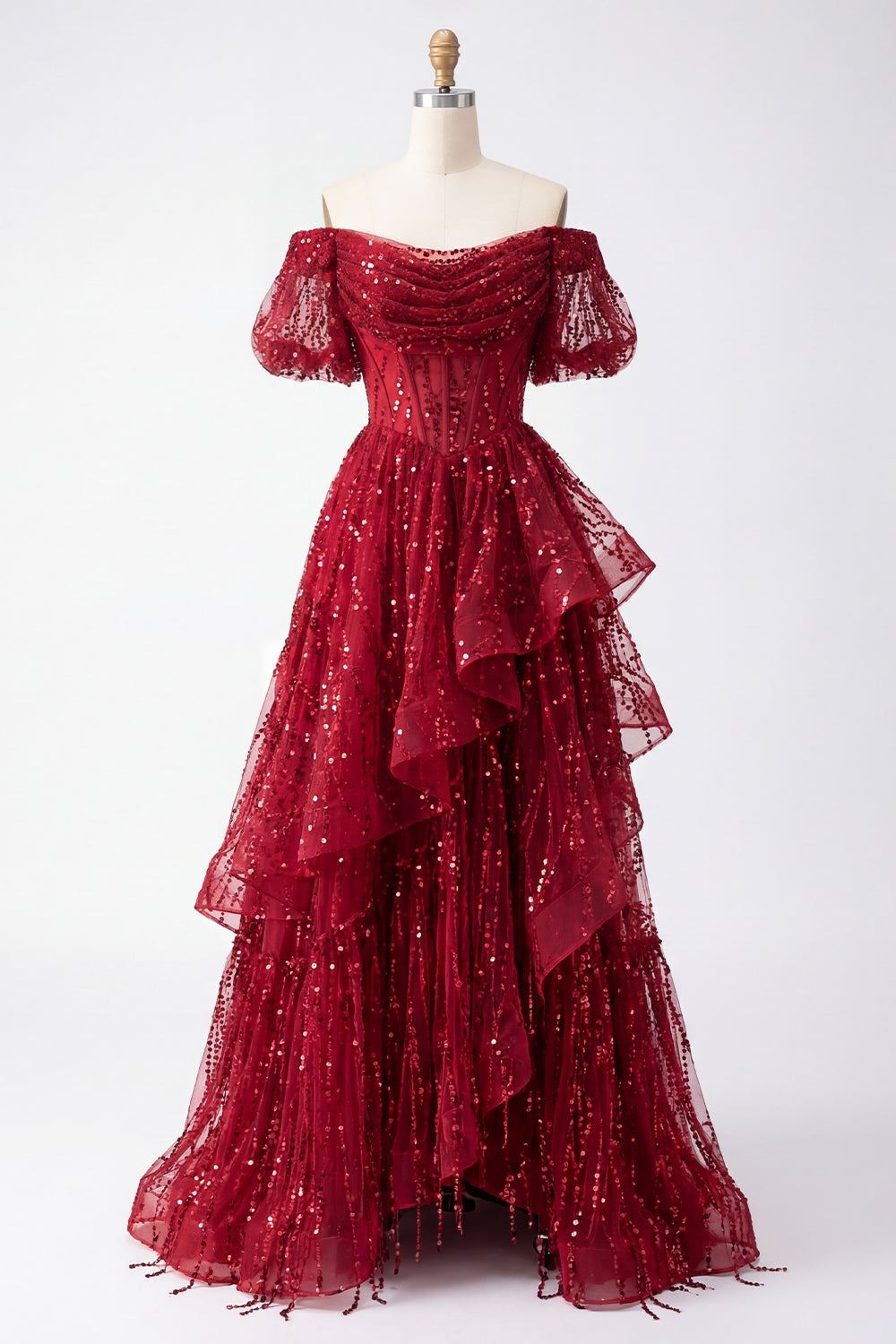 Burgundy Corset Off the Shoulder Sparkly Long Prom Dress