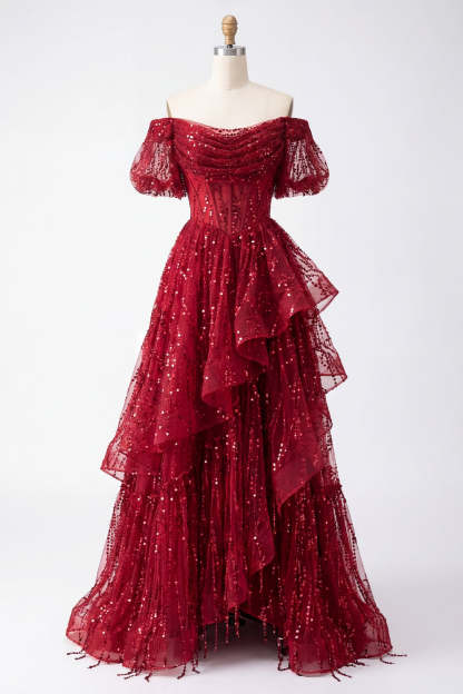 Burgundy Corset Off the Shoulder Sparkly Long Prom Dress