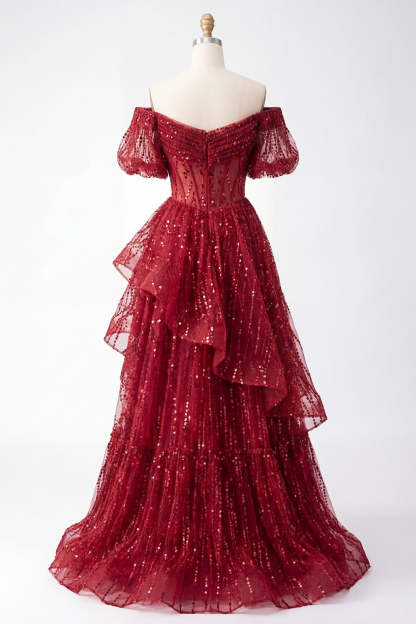 Burgundy Corset Off the Shoulder Sparkly Long Prom Dress