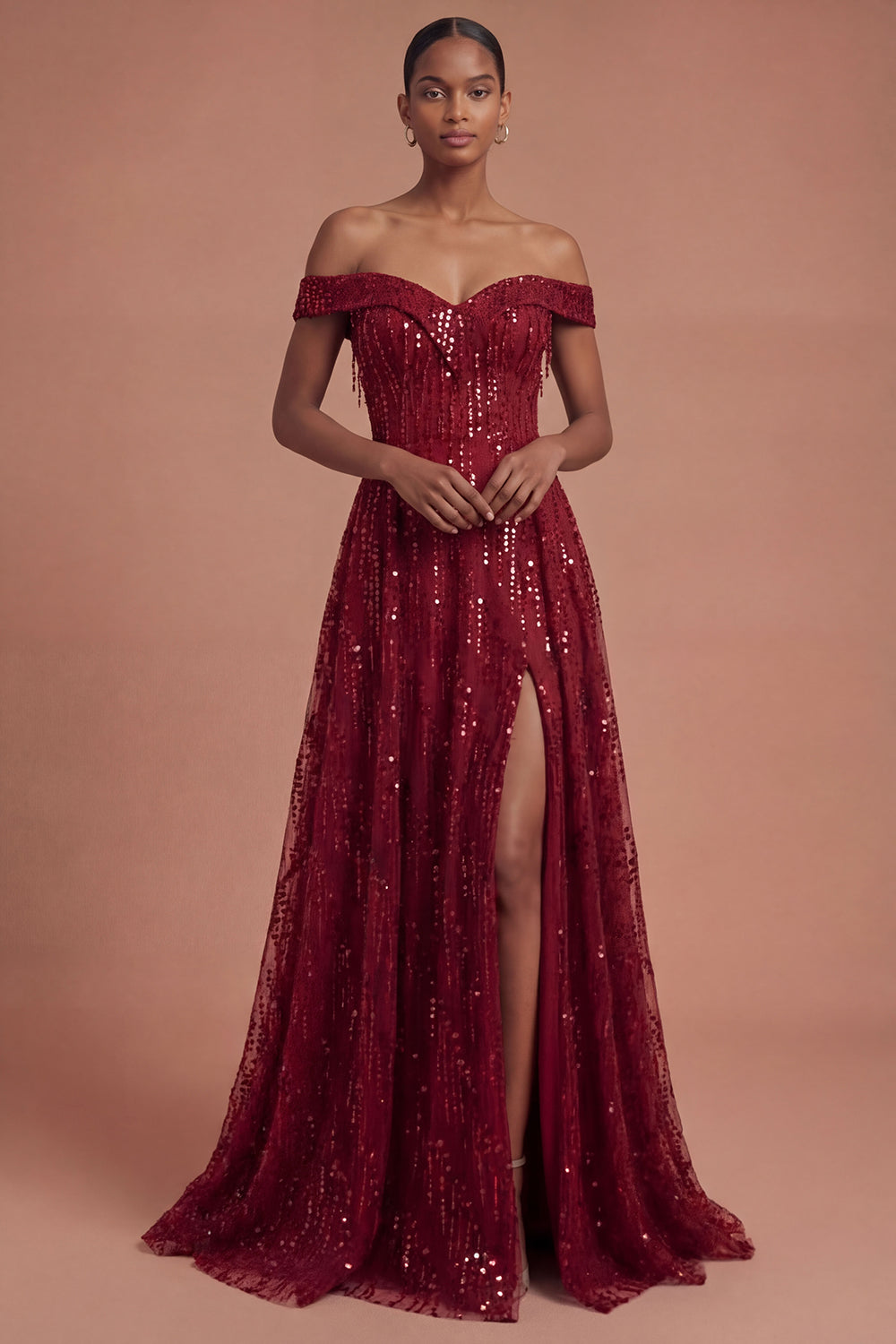 Burgundy Off the Shoulder Sparkly Long Prom Dress with Slit