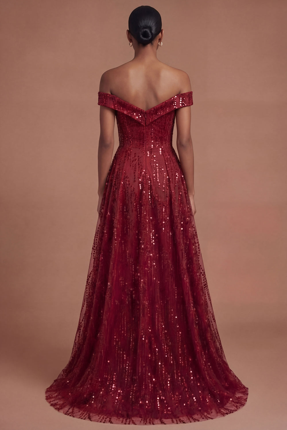 Burgundy Off the Shoulder Sparkly Long Prom Dress with Slit