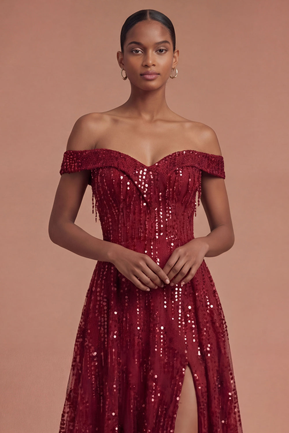 Burgundy Off the Shoulder Sparkly Long Prom Dress with Slit