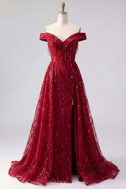 Burgundy Off the Shoulder Sparkly Long Prom Dress with Slit
