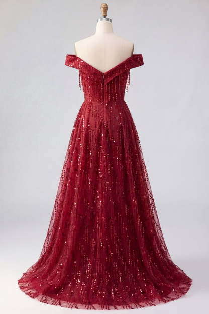 Burgundy Off the Shoulder Sparkly Long Prom Dress with Slit