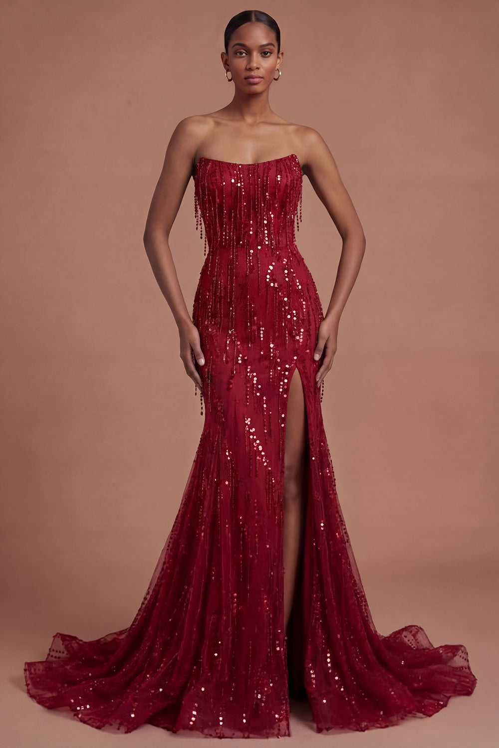 Mermaid Burgundy Strapless Sparkly Long Prom Dress with Slit