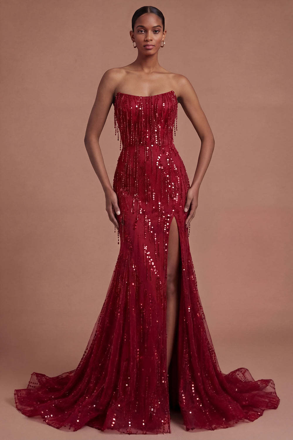 Leely Women Mermaid Burgundy Strapless Sparkly Long Prom Dress with Slit Backless Sleeveless Gala Dress