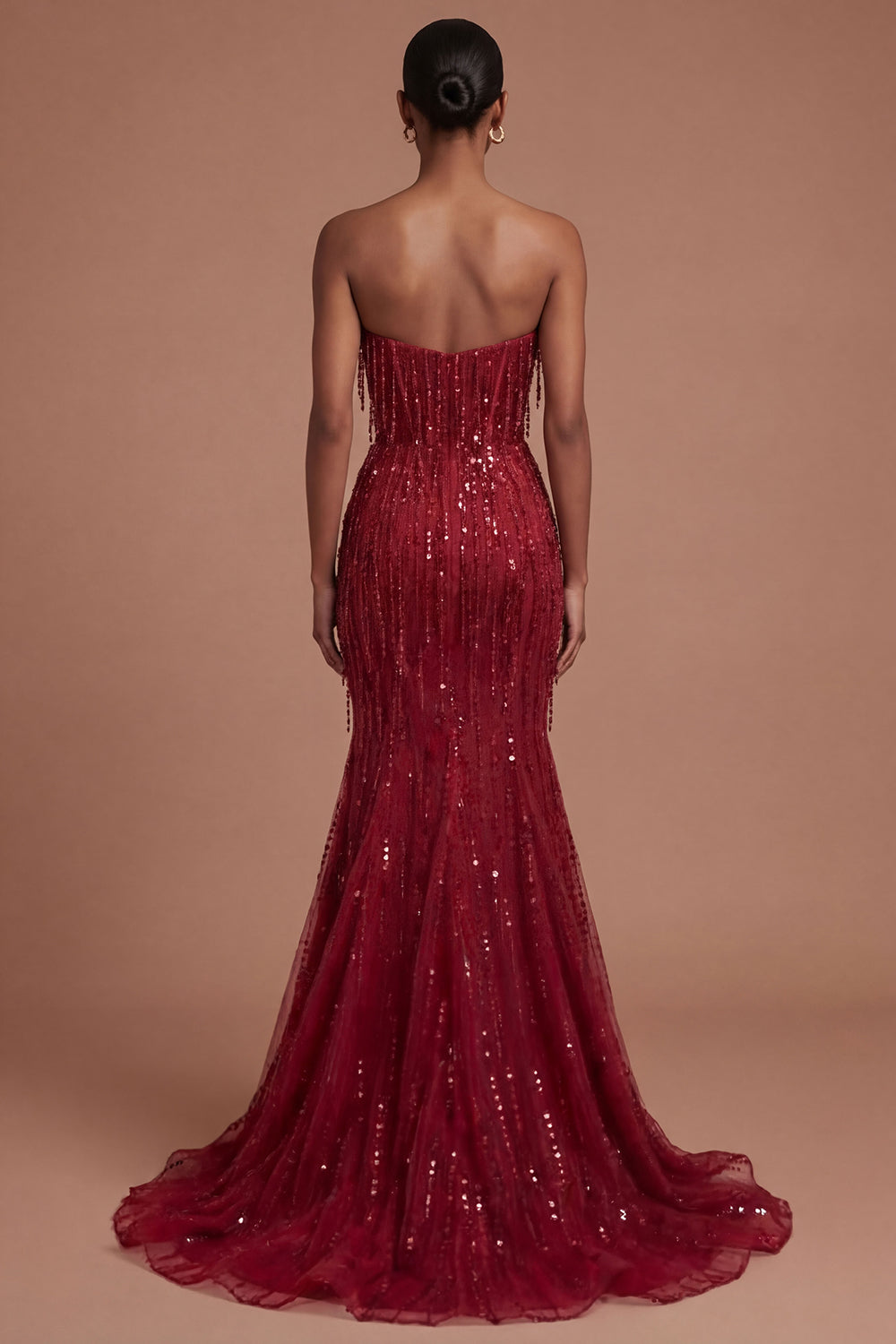 Mermaid Burgundy Strapless Sparkly Long Prom Dress with Slit