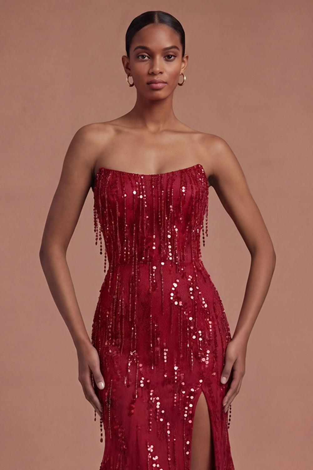 Mermaid Burgundy Strapless Sparkly Long Prom Dress with Slit