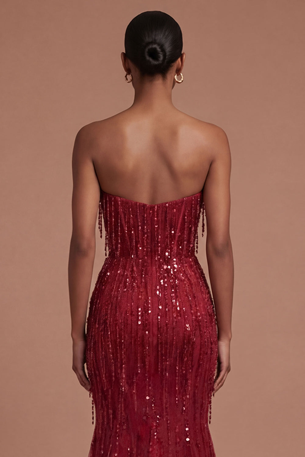 Mermaid Burgundy Strapless Sparkly Long Prom Dress with Slit