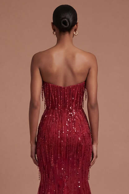 Mermaid Burgundy Strapless Sparkly Long Prom Dress with Slit