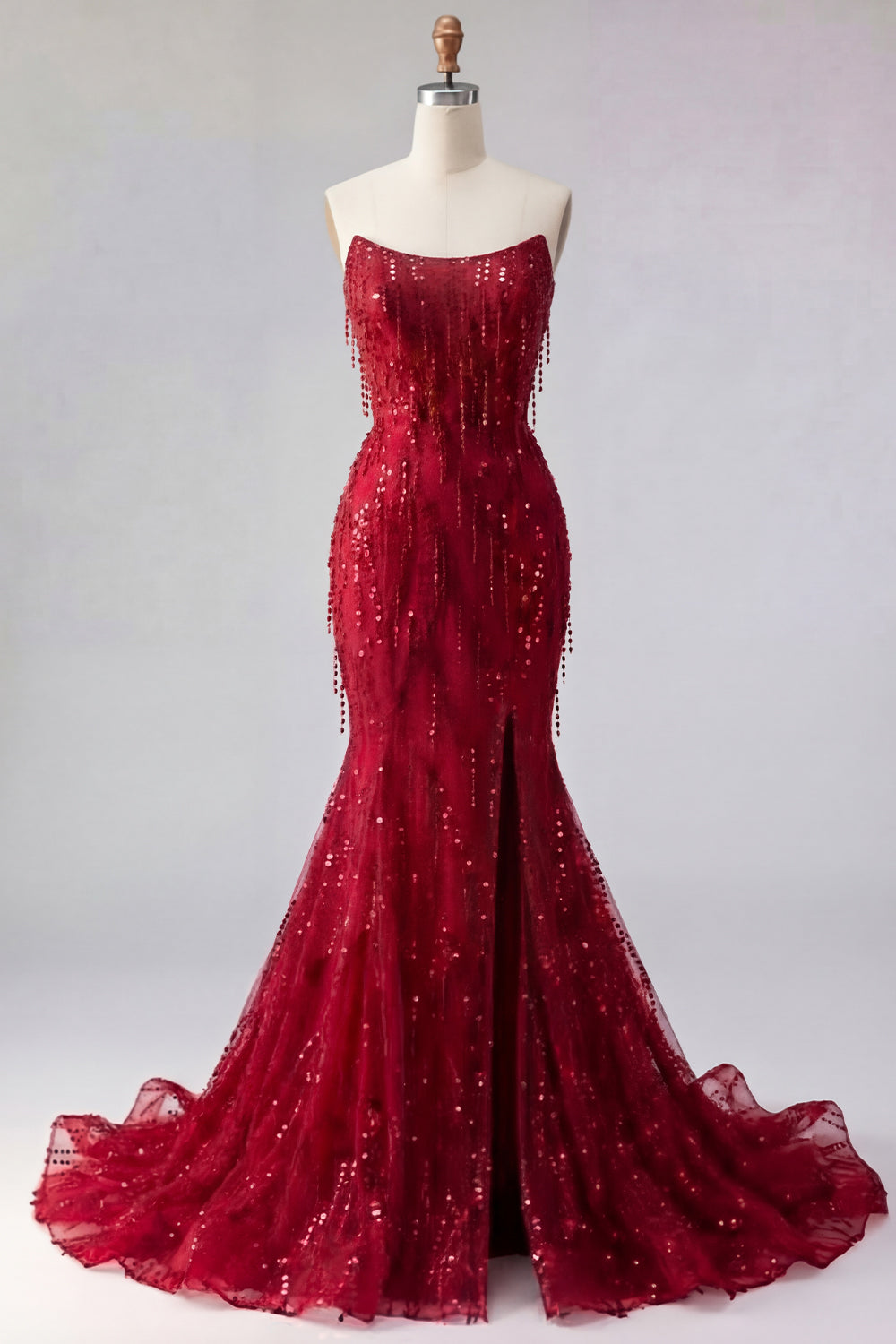 Mermaid Burgundy Strapless Sparkly Long Prom Dress with Slit