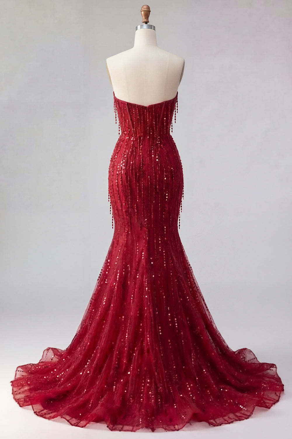 Mermaid Burgundy Strapless Sparkly Long Prom Dress with Slit