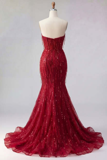 Mermaid Burgundy Strapless Sparkly Long Prom Dress with Slit
