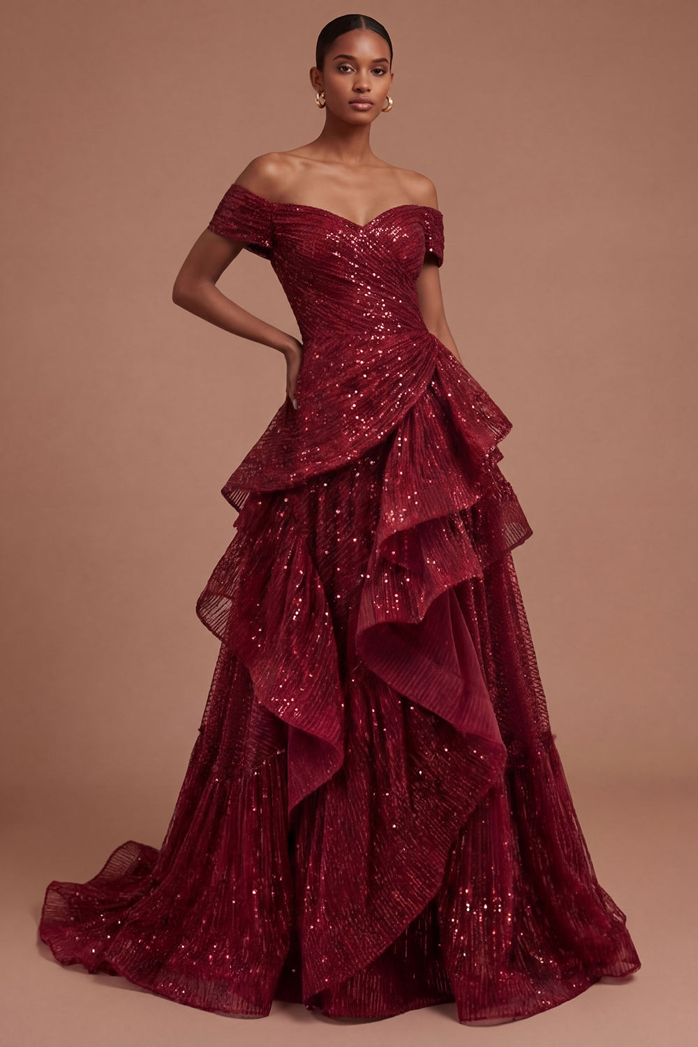 Leely Women Burgundy Ruffled Off the Shoulder Long Prom Dress Backless A Line Evening Dress