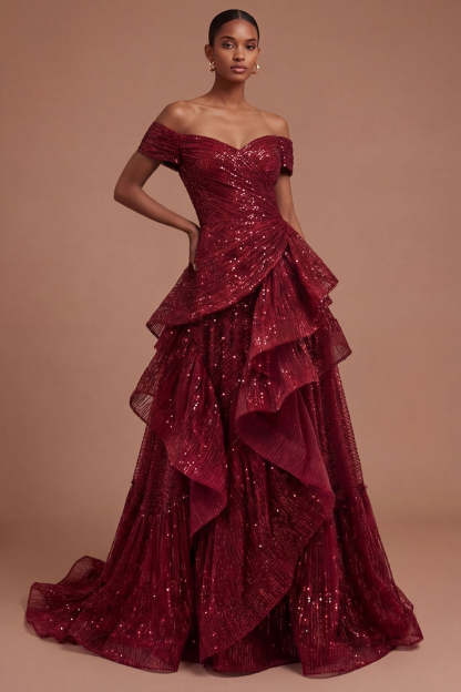 Leely Women Burgundy Ruffled Off the Shoulder Long Prom Dress Backless A Line Evening Dress