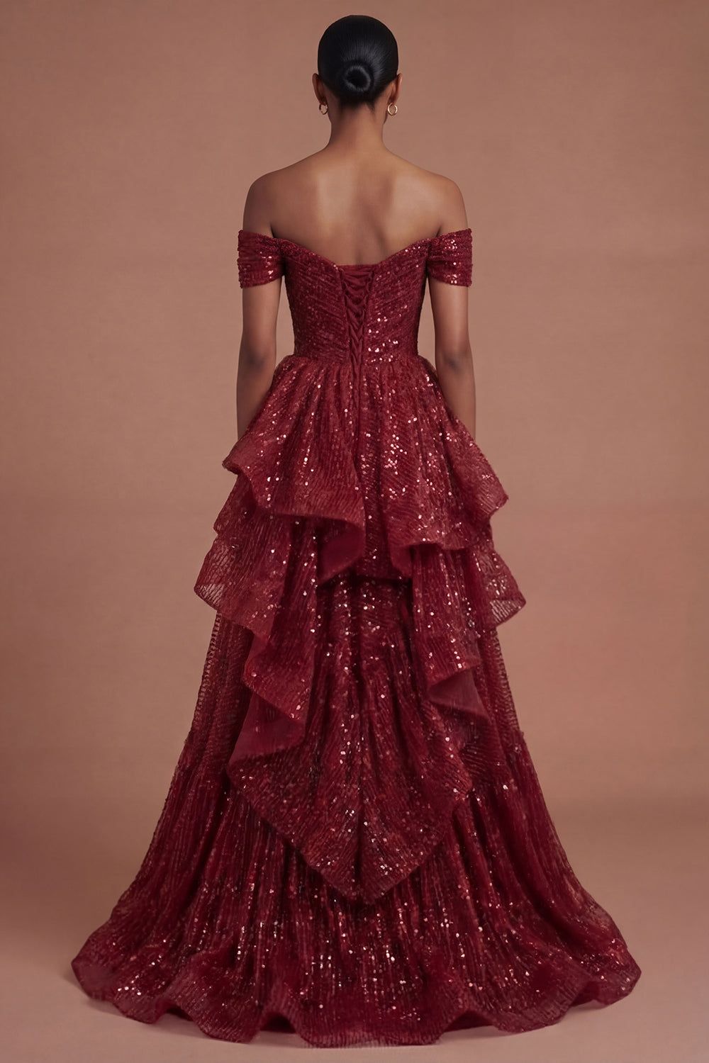 Burgundy Ruffled A Line Off the Shoulder Long Prom Dress
