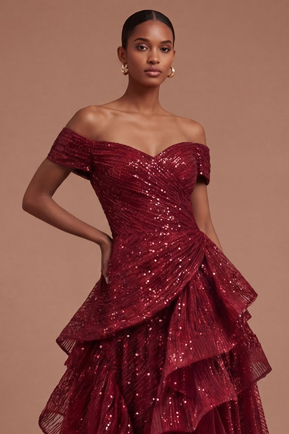 Burgundy Ruffled A Line Off the Shoulder Long Prom Dress