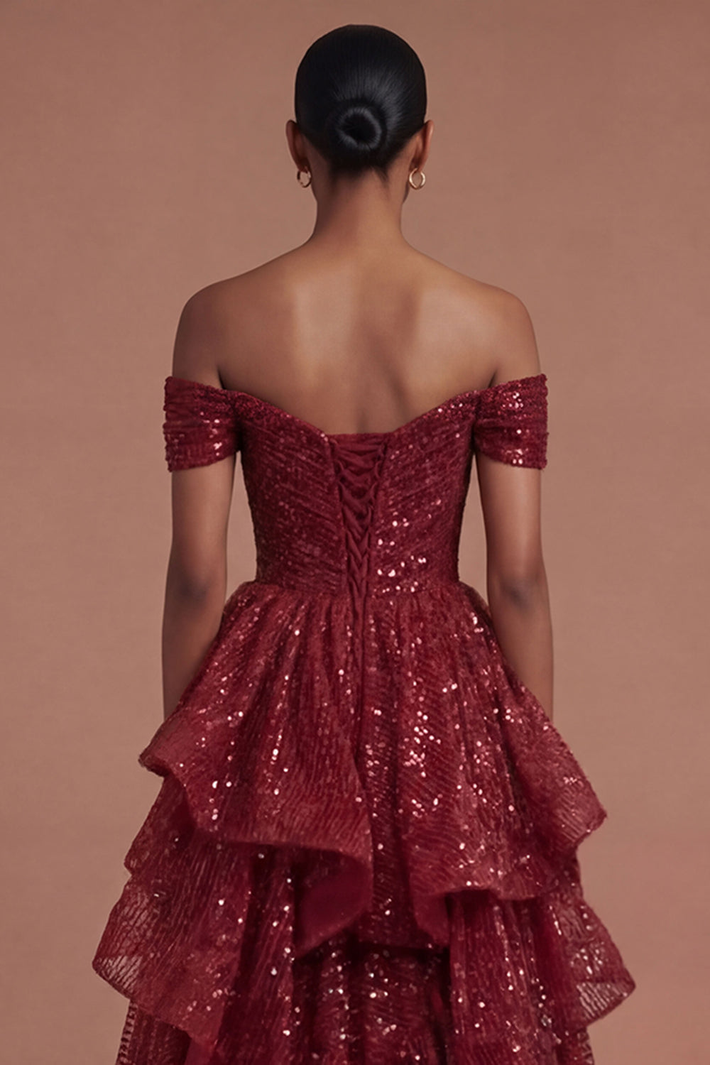 Burgundy Ruffled A Line Off the Shoulder Long Prom Dress